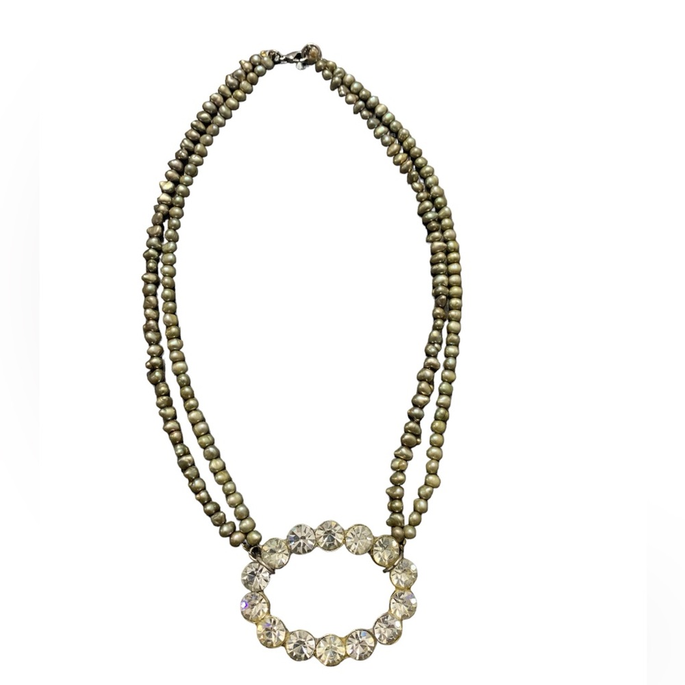 Beaded Double Strand Oval Crystal Brooch Pendant Necklace